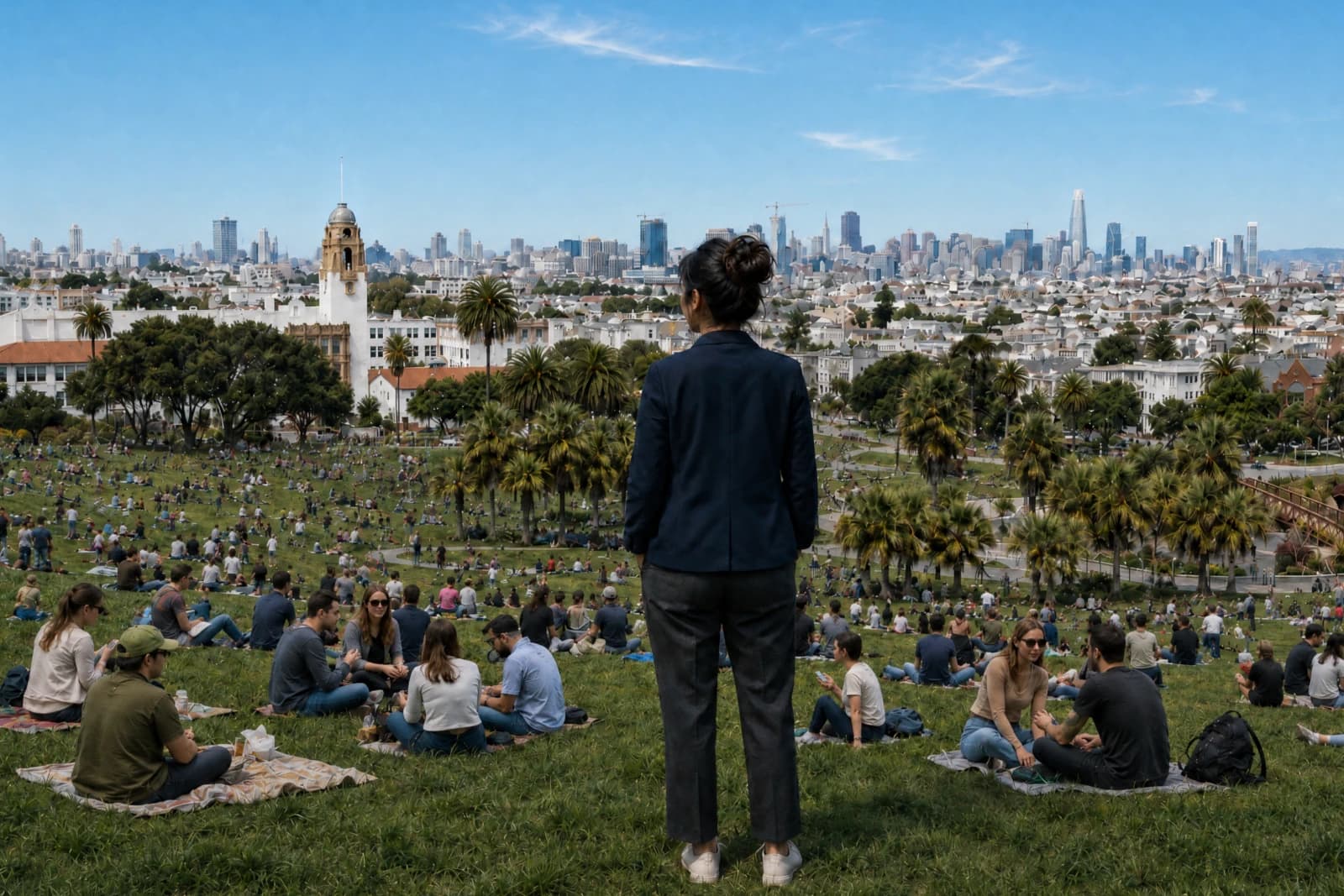 A woman overlooking the San Francisco skyline from Dolores Park