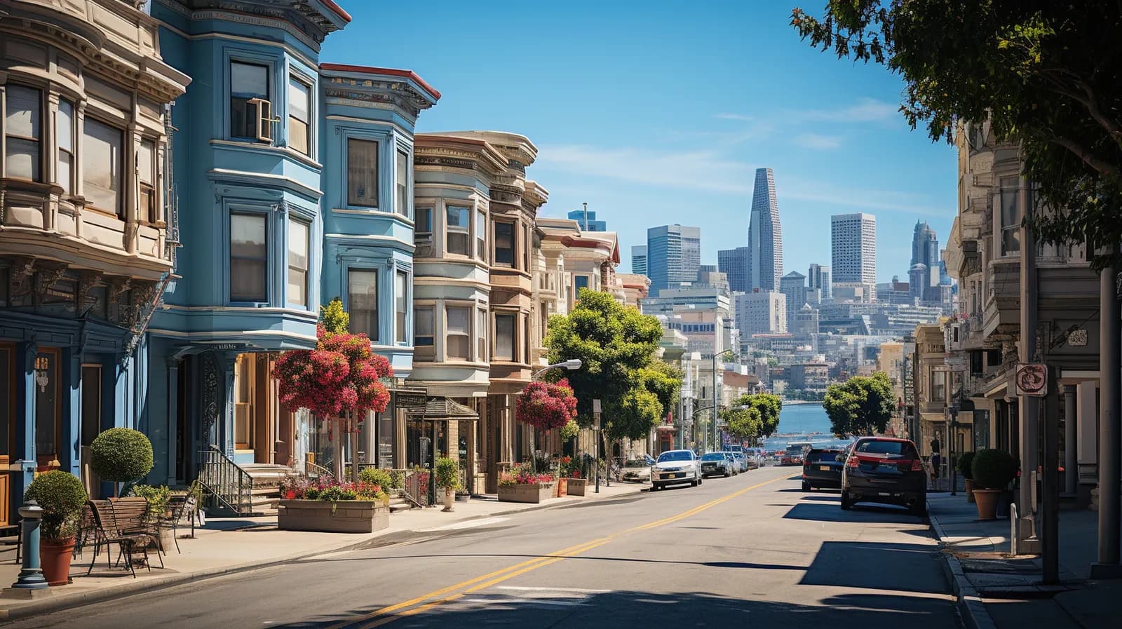 A San Francisco street of Victorian homes with the downtown skyline beyond