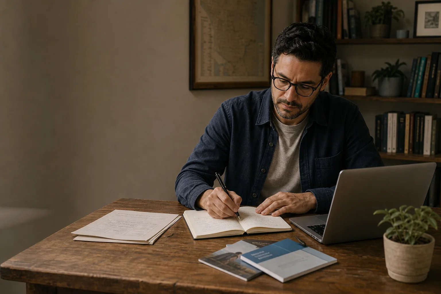 A man writing notes in a journal at his desk beside a laptop